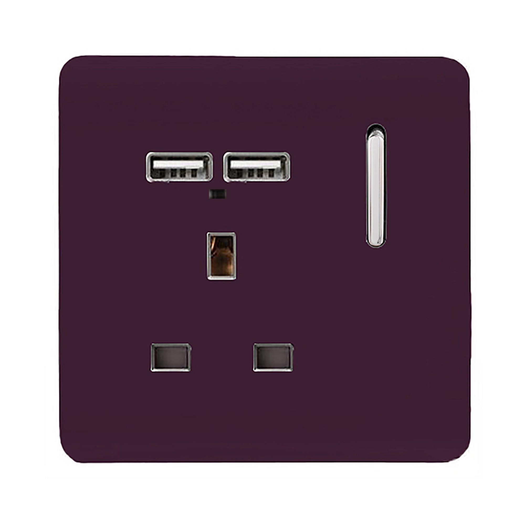 1 Gang Switched Single Socket 13A With 2 x USB-A 10W (Shared) With Neon Insert Plum